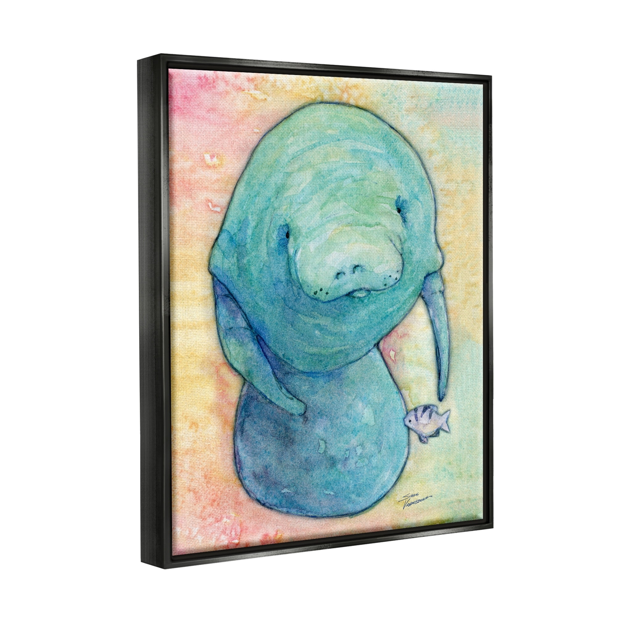 Stupell Industries Aquatic Manatee Among Fish Rainbow Watercolor Detail Painting Metallic Gold Floating Framed Canvas Print Wall Art, Design by Steve Vanderbosh