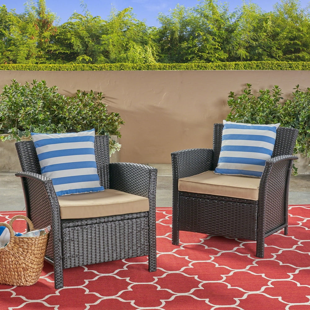 Anton Outdoor Wicker Club Chairs with Cushions, Set of 2, Brown, Tan