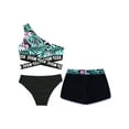thumbnail image 4 of TiaoBug Kids Girls 3 Piece Bikini Swimsuit Sets Floral Print One Shoulder Crop Top with Briefs Shorts Summer Beachwear Black 14, 4 of 7