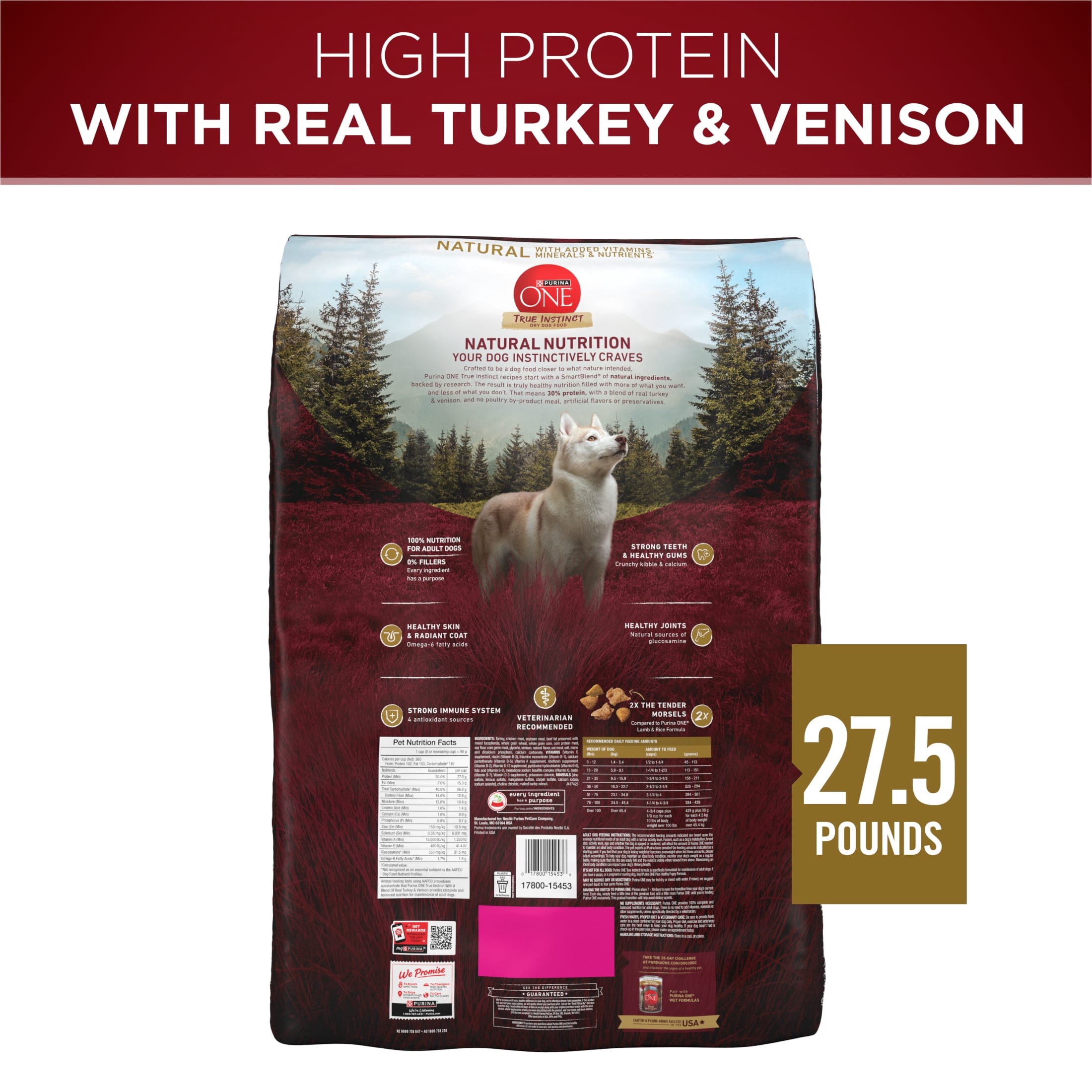 Purina One True Instinct Dry Dog Food for Adult Dogs, High Protein Real Turkey & Venison, 27.5 lb Bag