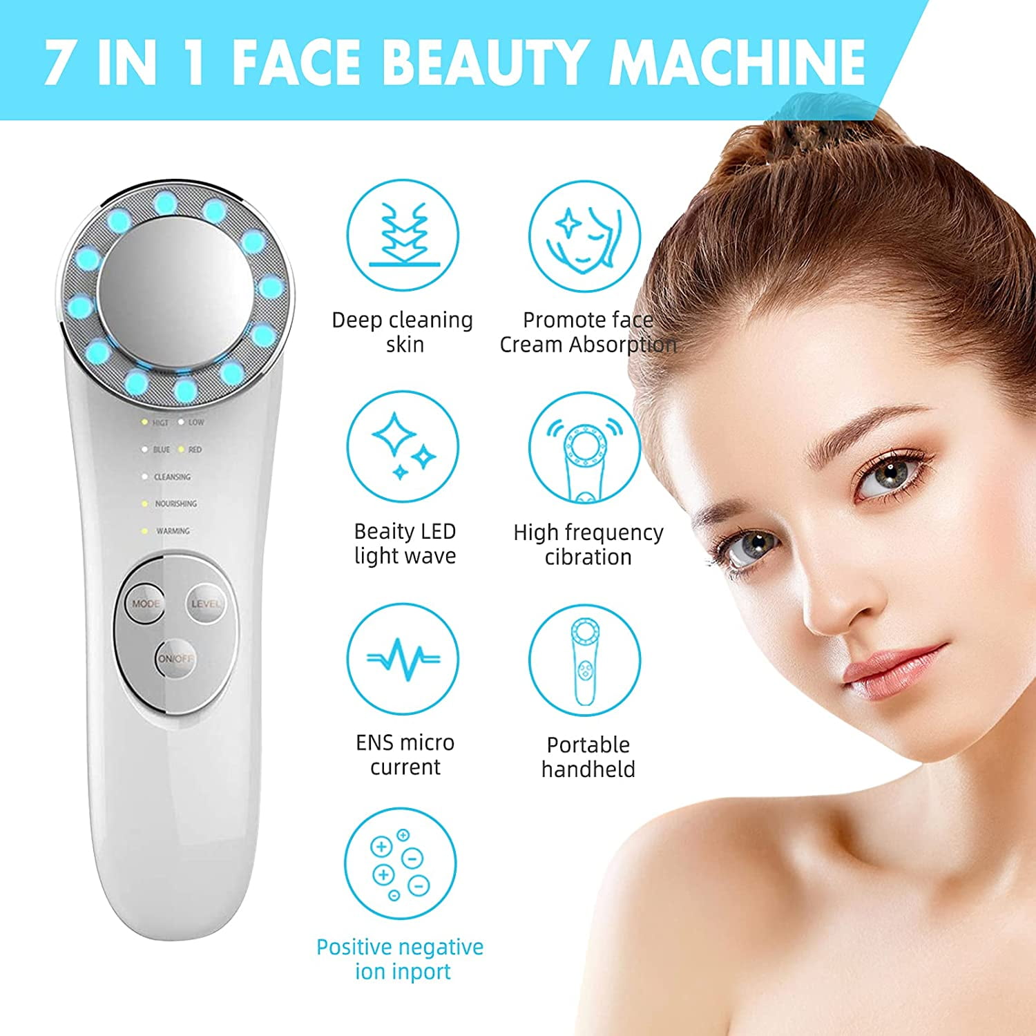 LNGOOR Face Massager 7 in 1 Skin Care Tools Red and Blue Light Therapy High Frequency Facial Machine Face Cleaner Lifting Machine Face Tightening Machine