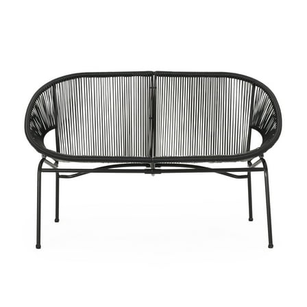 Remma Loveseat, Outdoor Rattan, Basket Woven, Black Iron Frame, 52 Inch