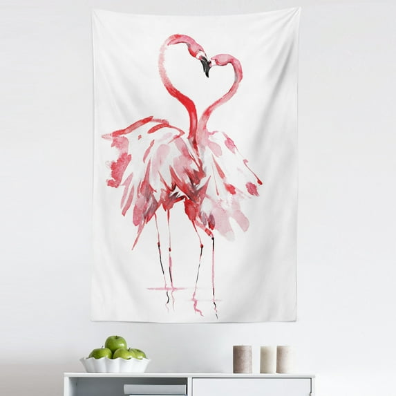 Flamingo Tapestry, Flamingo Couple Kissing Romance Passion Partners in Love Watercolor Effect, Fabric Wall Hanging Decor for Bedroom Living Room Dorm, 5 Sizes, Dark Coral White, by Ambesonne