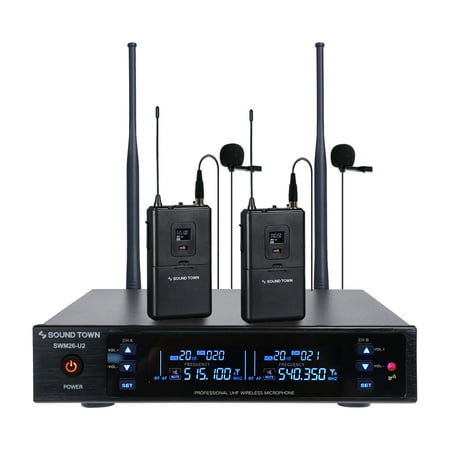 Sound Town Metal 200 Channels UHF Wireless Microphone System with 2 Lavalier Mic and Bodypack Transmitters for Church, School, Outdoor Wedding, Meeting, Party and Karaoke