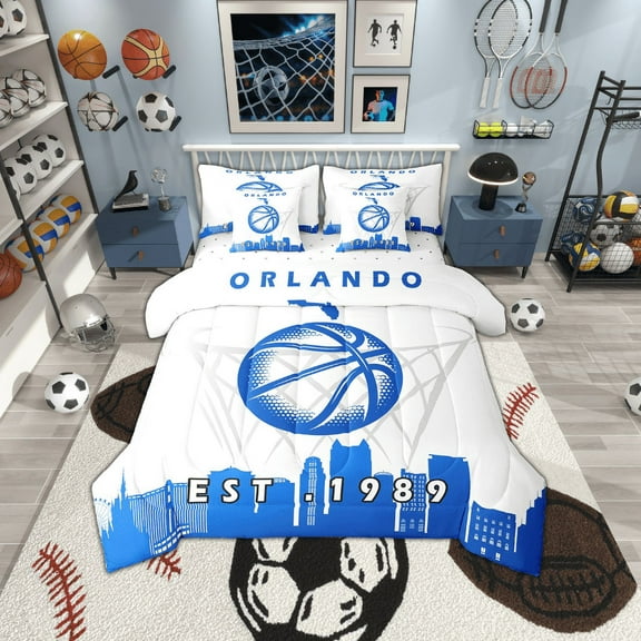 7 Pcs Comforter Set Queen Size,Basketball City Bed in a Bag with Flat Sheet and Fitted Sheet and Adults,Sports Bedding Set with Pillowcase and Sham,Orlando