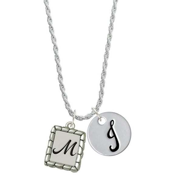 Delight Jewelry Silvertone Pebble Border Initial - M Silvertone Script Initial Disc - J - Charm Necklace, 20" 3"
