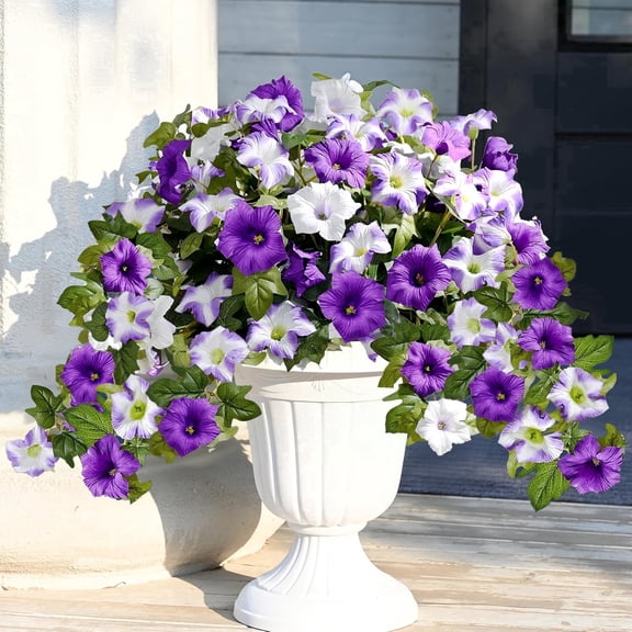 Yastouay 2pcs Petunias Artificial Flowers for Outdoor, UV Resistant Fake Flowers for Planter, Purple White Faux Flower for Garden Balcony Yard Porch
