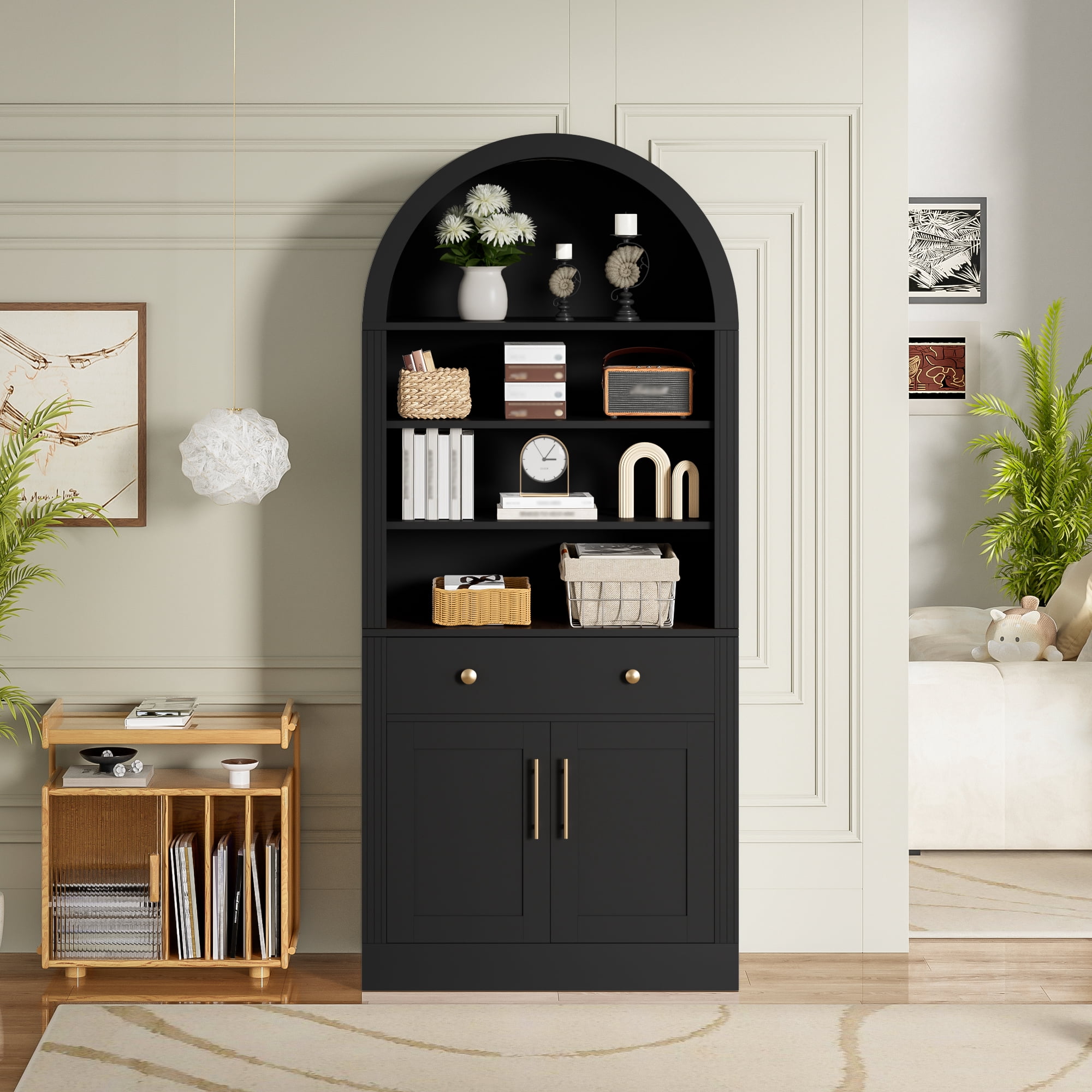 Arched Bookshelf with Storage Cabinet,Tall Display Bookcase with Drawer Doors and Adjustable Shelves,Freestanding Kitchen Pantry Cabinet for Living Room,Home Office,Bathroom,Black