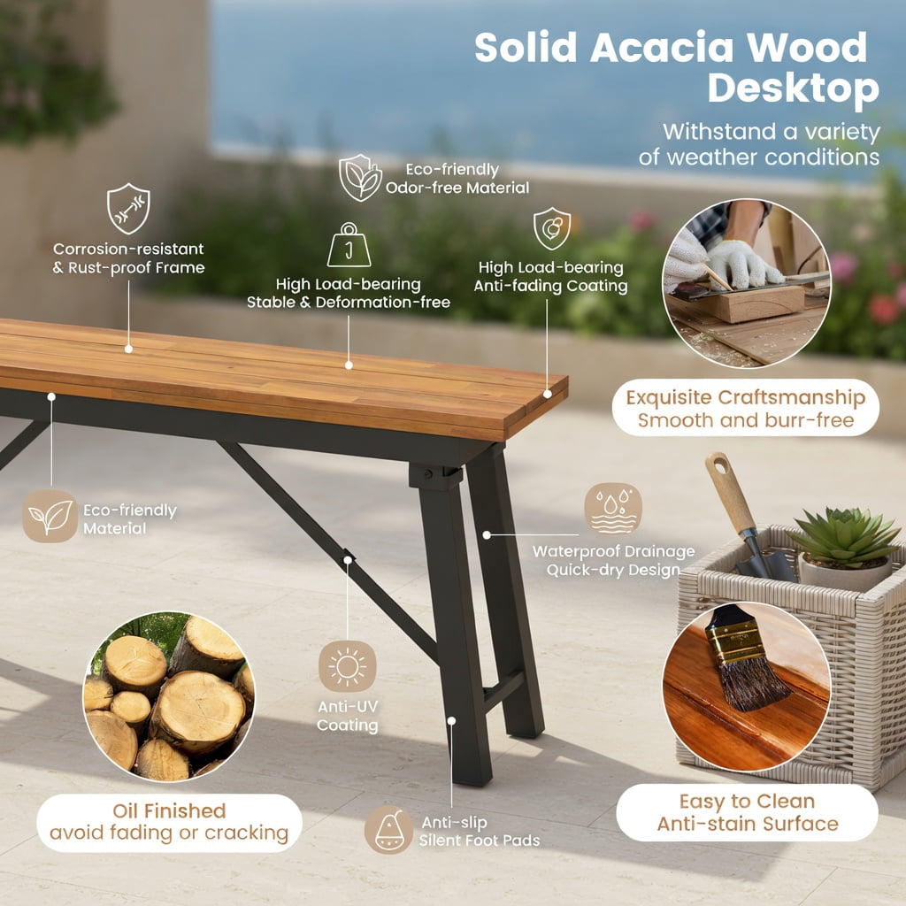 Hommoo Folding Rectangular Picnic Bench Set, Acacia Wood & Metal Outdoor Dining Bench for Patio, Camping, BBQ, and Poolside, Space-Saving Foldable Design, Natural