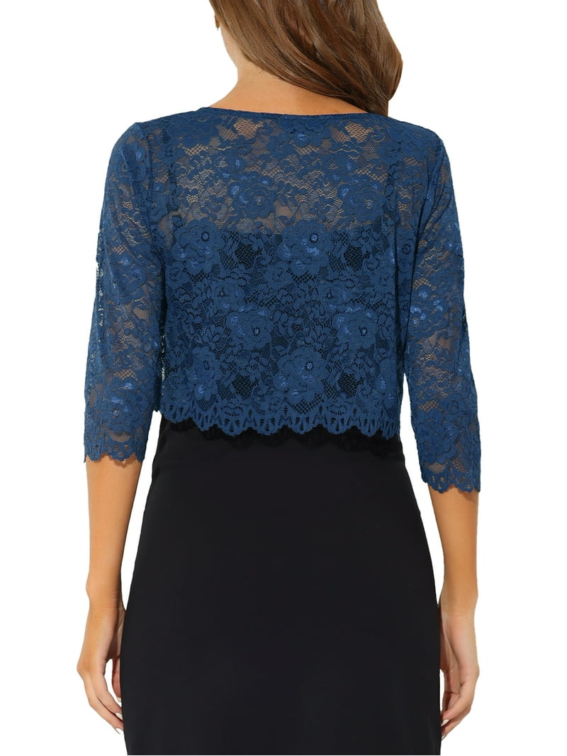 MODA NOVA Juniors Open Front 3/4 Sleeve Sheer Floral Lace Cropped