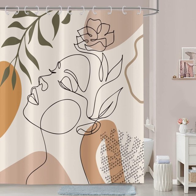Cortina de ducha abstracta con rostro femenino, base con peso, estilo bohemio moderno de mediados de siglo, terracota, arte minimalista, estética botánica, tela impermeable, lavable, con 12 ganchos,