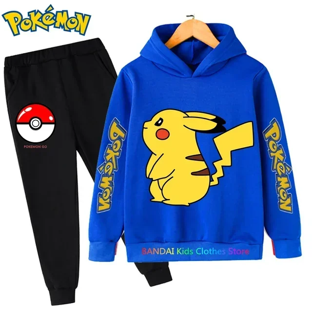Conjunto de manga larga de Pikachu para niños, chándal informal de Pokémon, Sudadera con capucha y pantalones, 3 a 14 años