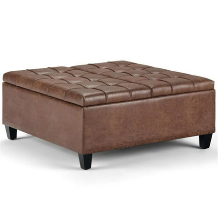 Simpli Home - Harrison 36 inch Wide Transitional Square Coffee Table Storage Ottoman in Faux Leather - Distressed Umber Brown