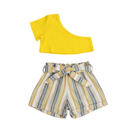 

Calsunbaby Summer Baby Girls Fashion Outfit Solid Color One Shoulder Short Sleeve Crop Tops Stripe Bandage Shorts Set