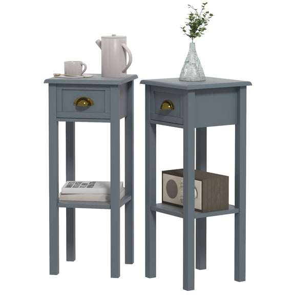 2-Tier Side Table Set of 2, with Drawer and Shelf, End Tables for Living Room, Hallway, Gray