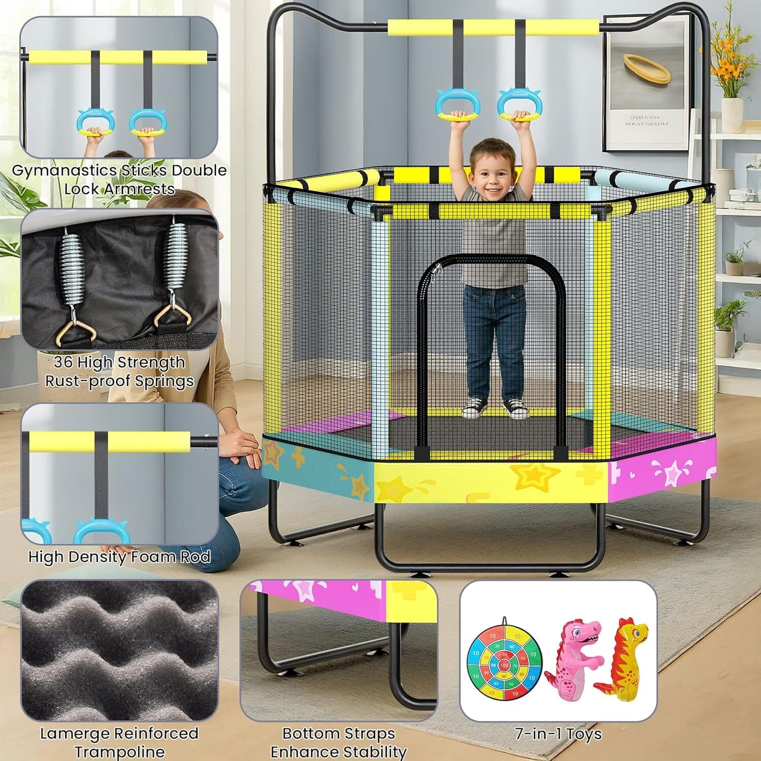 MOOSENG 7-in-1 Kids Trampoline with Safety Enclosure Net, 60" Hexagonal Toddler Trampoline with 500lbs Capacity, Indoor Outdoor Fun for Ages 1-8, Adjustable Handrail