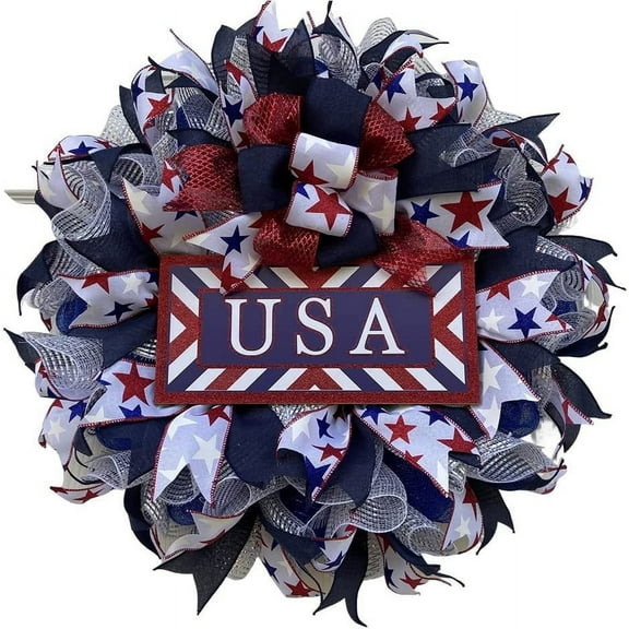 Independence Day Wreath Patriotic Wreath for Front Door, American Flag Style Handmade Silk Ribbon Wreath, 4th of July Memorial Day Window Wall Decoration (USA)
