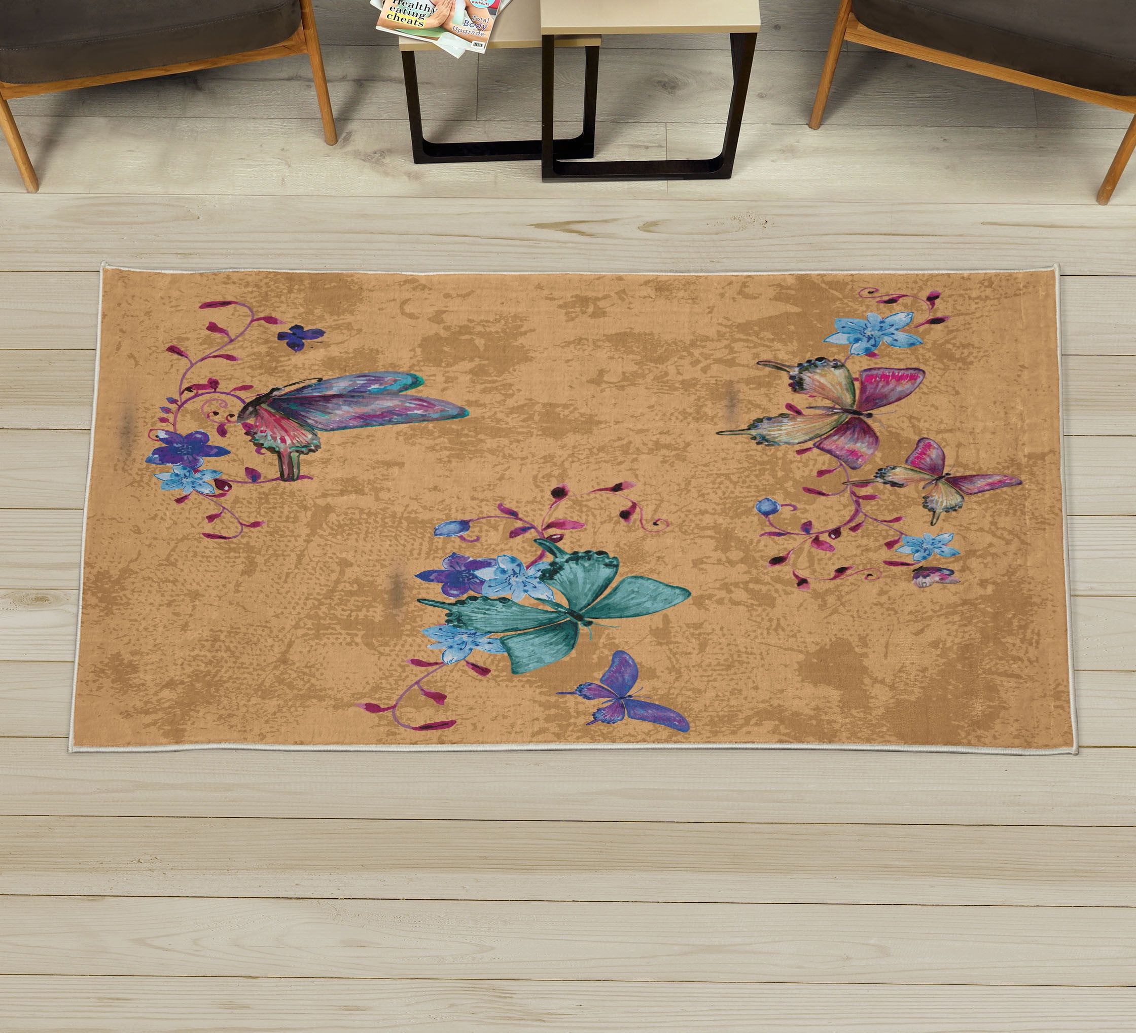 Butterfly Decorative Rug, Springtime Flying Moths on Vintage Style