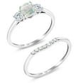 thumbnail image 2 of Gem Stone King 10K White Gold Simulated White Opal and White Lab Grown Diamond 3-Stone Bridal Engagement Wedding Ring Set for Women | 0.74 Cttw | October Birthstone | Round Cabochon 5MM| Size 5, 2 of 5