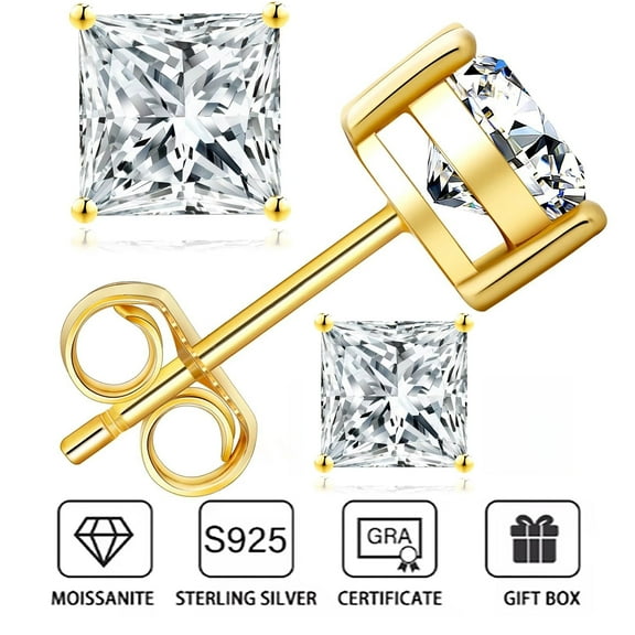 925 sterling silver 2ct Princess Cut Moissanite Earrings for Women, D Color VVS1 Clarity Lab Created Moissanite Earrings 18K gold-plated Ruthenium Plated Solitaire Moissanite Stud Earrings
