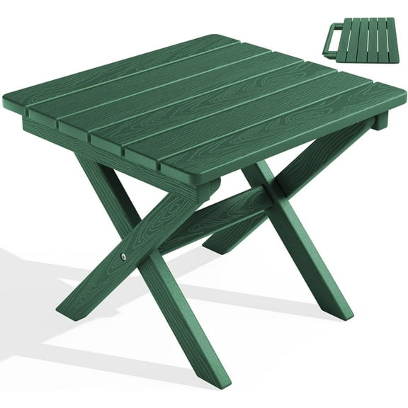 ETHFRFPortable Folding Outdoor Side Table - Adirondack Style, HDPE Material, No Assembly Required, Outside End Table for Patio, Porch, Deck, Pool, Green