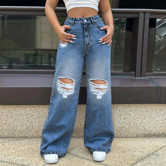 ZHOGXU Women's Jeans With Pocket Tight Waisted Straight Fit Wide Leg Ripped Distressed Comfortable Stretch Denim Pants Trousers For Everyday Wear,Blue,L