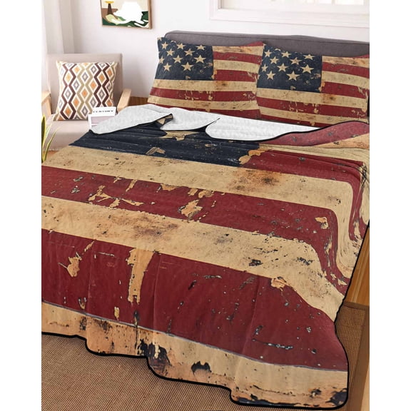 Vintage American Flag King Size Down Alternative Comforter, Lightweight Comforter Quilt Bedding Set with Pillow Shams Retro US Flag White Red Blue All Seasons Bed Comforter Duvet Insert 96"x106"