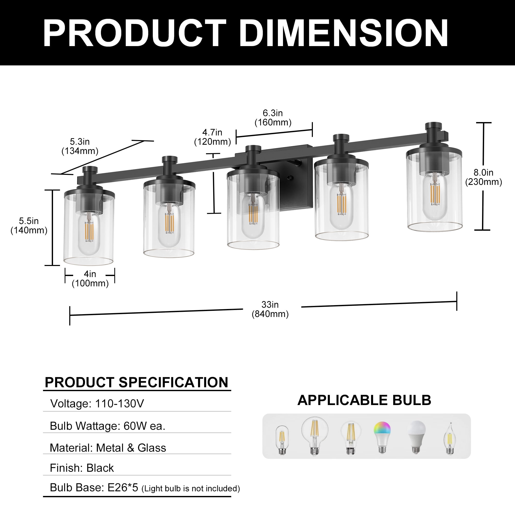 Briignite 5-Light Bathroom Lighting Fixture, Vanity Lamp with Clear Glass Shades, Industrial Wall Mounted Light for Restroom, Black Finish