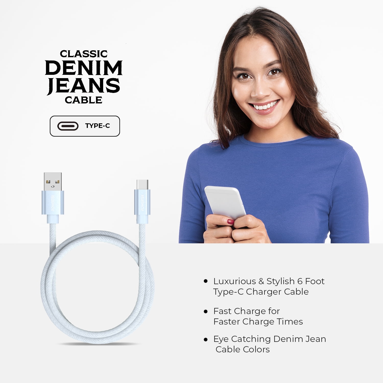 Liquipel Powertek Denim 6' USB-A to USB-C Cable, Light Blue