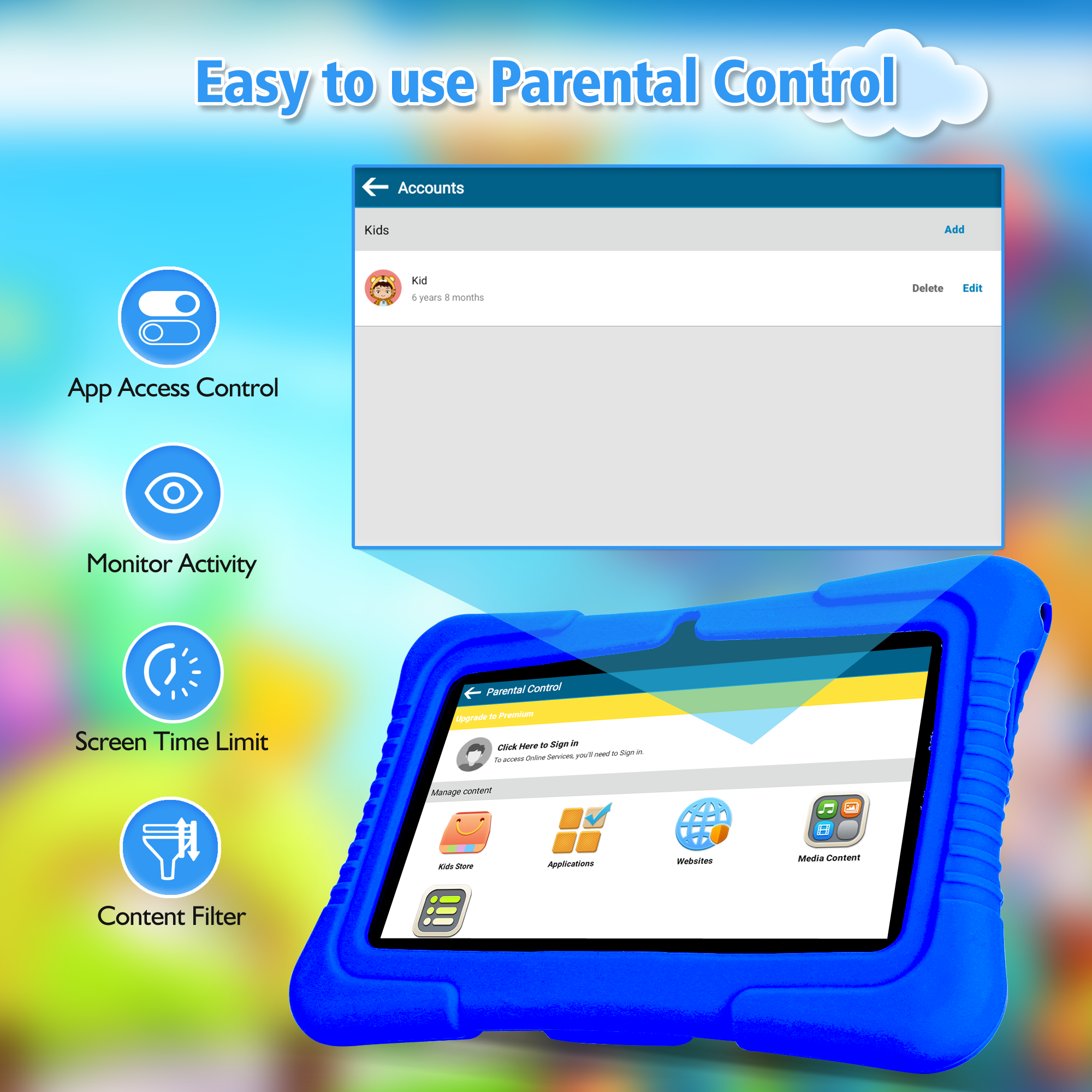 Veidoo 7 inch Android Kids Tablet, 2GB RAM 32GB Storage, Learning Tablet for Children, WiFi, Bluetooth, Dual Cameras, Parental Control, Toddler Tablet with Silicone Case(Dark Blue)