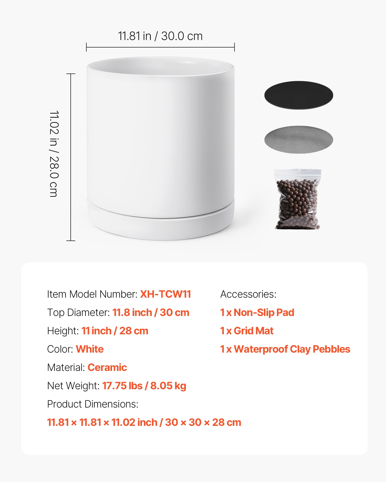 VEVOR Plant Pot, 12-Inch Large Cylinder Planter with Drainage Holes, Non-Slip Pads & Detachable Saucer, Modern Ceramic Flower Pots, Indoor and Outdoor Tree Planter Pot, Home & Office Decorations