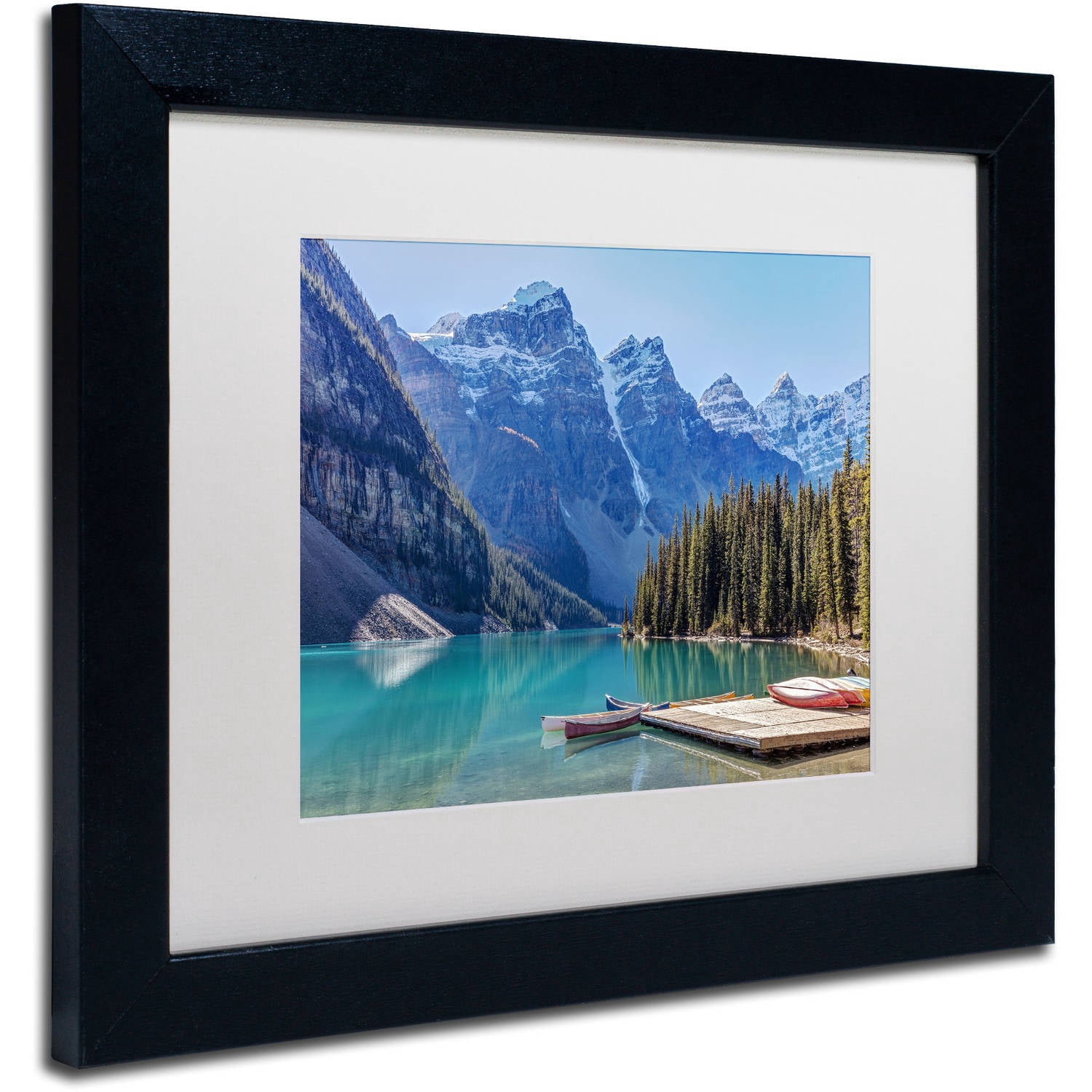 Trademark Fine Art 'Moraine Lake Canoes' Canvas Art by Pierre Leclerc, White Matte, Black Frame