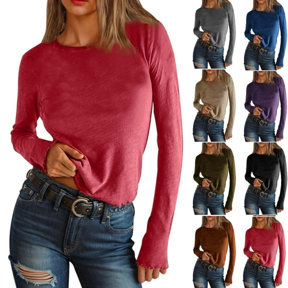 Olyvenn Fashion Womens Long Sleeve Shirts Spring Fall Casual Silm Fitted Crewneck Solid Color Basic Tops Cropped Blouse Shirts Army Green 8