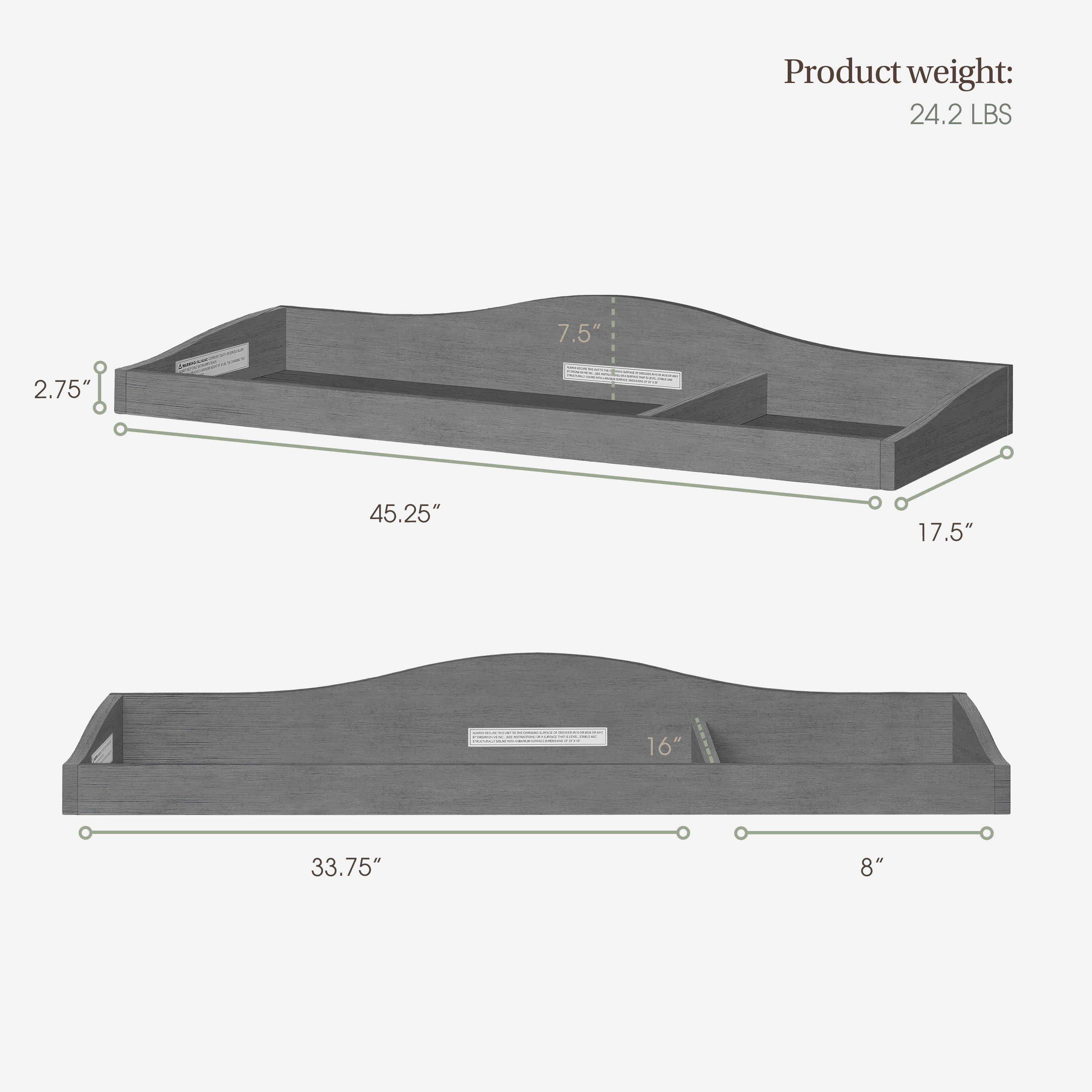 Evolur 851-RG Wooden Diaper Changing Table, Rustic Gray