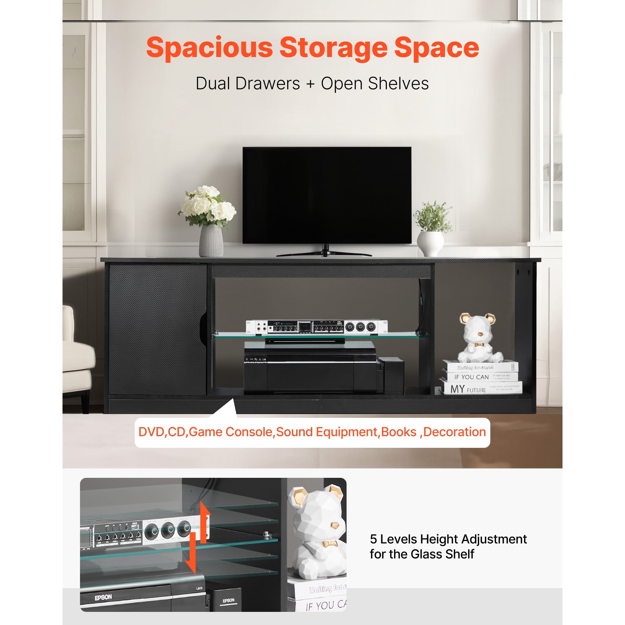 KFFKFF TV Stand for TVs up to 65 inches, Entertainment Center with LED Light Strip & 5 Level Adjustable Glass Shelves, Console Table for Living Room or Bedroom