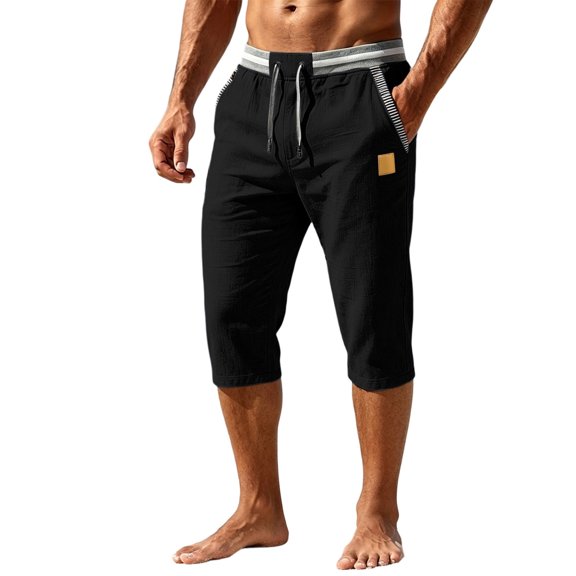JUUYY Men's Outdoor Capri Pants with Pockets, Drawstring Lightweight Elastic Waist Loose Beach Vacation Casual Summer Cropped Pants Black XXL