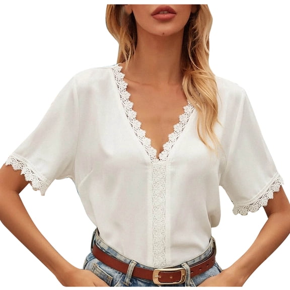 Besolor Summer Tops for Women Lace Trim V Neck Plain Blouses Short Sleeve Loose Lightweight T Shirts Fashion Clothes