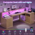 thumbnail image 5 of 64.4" Modern L Shaped Desk with Drawers, Fluted Home Office Desk with LED Lights and Power Outlets, Wood Executive Desk with File Cabinet Monitor Stand, Oak, 5 of 8