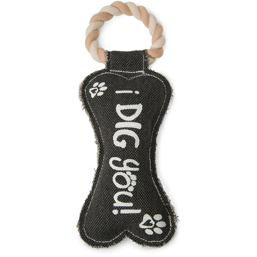 Pavilion Gray Bone Canvas and Rope Dog Squeaky Toy I Dig You