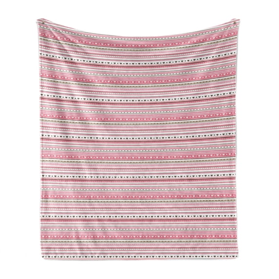 Romantic Soft Flannel Fleece Throw Blanket, Horizontal Striped Pattern with Hearts and Dots Feminine Modern, Cozy Plush for Indoor and Outdoor Use, 70" x 90", Pale Pink Dark Brown Tan, by Ambesonne