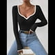 thumbnail image 5 of Camiseta de Larga con Escote Corazón para Mujer, de Punto Acanalado y Ribete en Contraste. Negro L, 5 of 10
