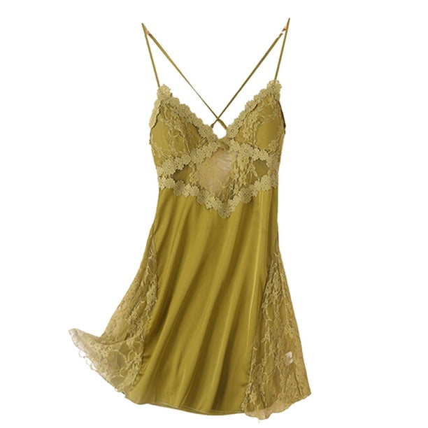 Gibobby Conjunto de pijama Camisón de seda satinado acolchado con tirantes de encaje sexy para mujer Ropa para el(Amarillo,M)