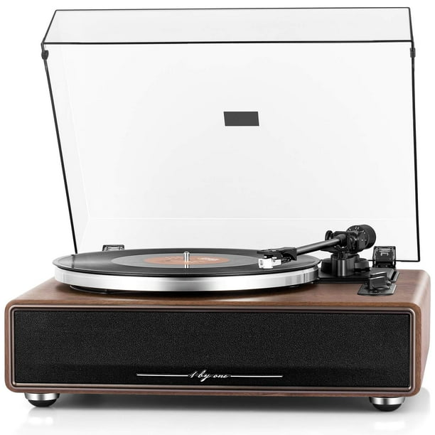 1 por ONE Tocadiscos de transmisión por correa de alta fidelidad con altavoces integrados, reproductor de discos de vinilo con cartucho magnético, reproducción Bluetooth y funcionalidad de entrada aux