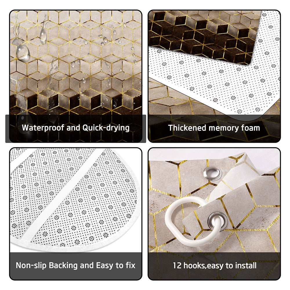 4 Pcs Art Gold Geometric Luxury Shower Curtain Set with Rug Toilet Cover and Bath Mat for Bathroom