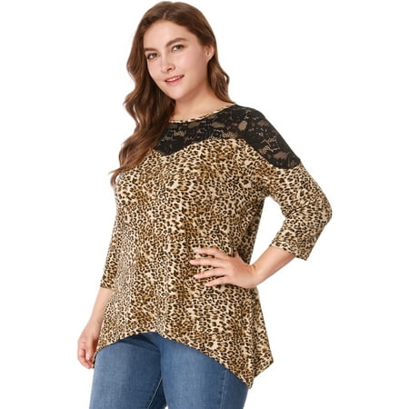 - Women's Plus Size Bracelet Sleeve Lace Panel Asymmetric Hem Leopard Print Shirt Top Brown (Size 1X) Brown 3X