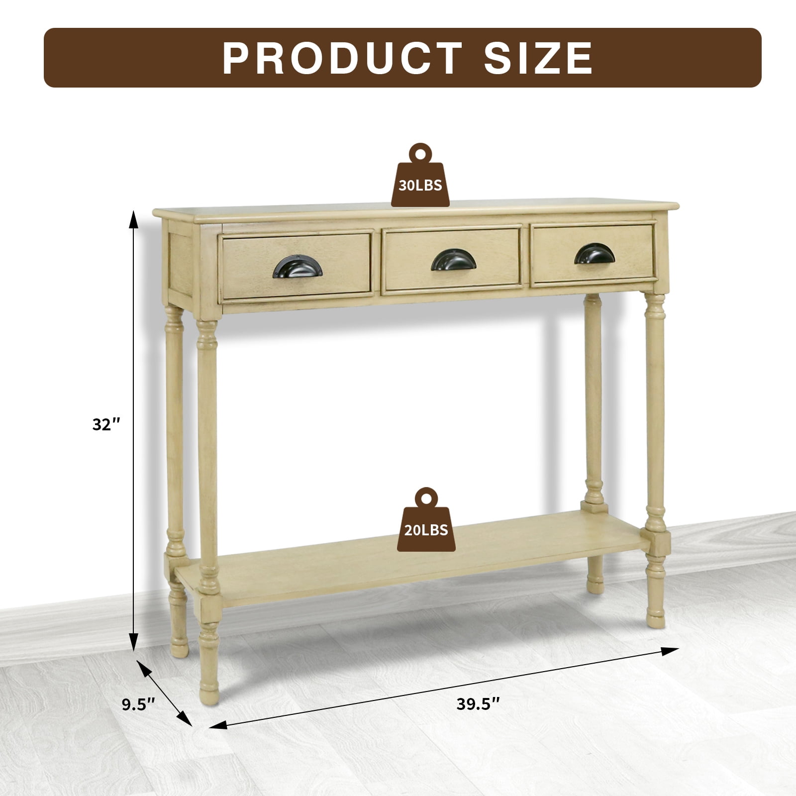 Urbanest Burlington Solid Wood Console Table with 3 Drawers & Lower Shelf – Entryway Table, Hallway Sofa Table, Narrow Accent Table for Living Room – 39.5″ × 9.5″ × 32″ – Beige Farmhouse Decor