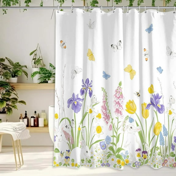 Spring Shower Curtain, Spring Bunny Floral Shower Curtains for Bathroom, Spring Easter Flower Farmhouse Holiday Bathroom Home Decor, Waterproof Fabric with Hooks 72X72 Inch