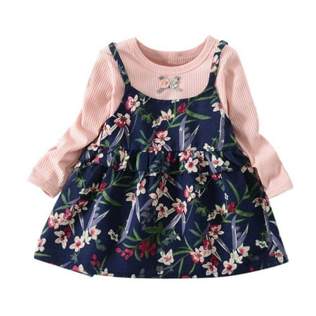 

Toddler Baby Girl s Autume Long Sleeve Crewneck Fake Two Piece Floral Tutu Dress Outfits