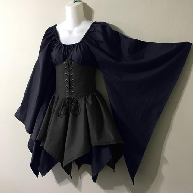 FcBaudy Robe Longue à Manches Longues Col Rond Genouillères, Robes Femmes, Robes d'Été pour Femmes Costumes Femmes Robes Corset Gothiques Manches Longues Col Rond Robe Genou Robe Femmes