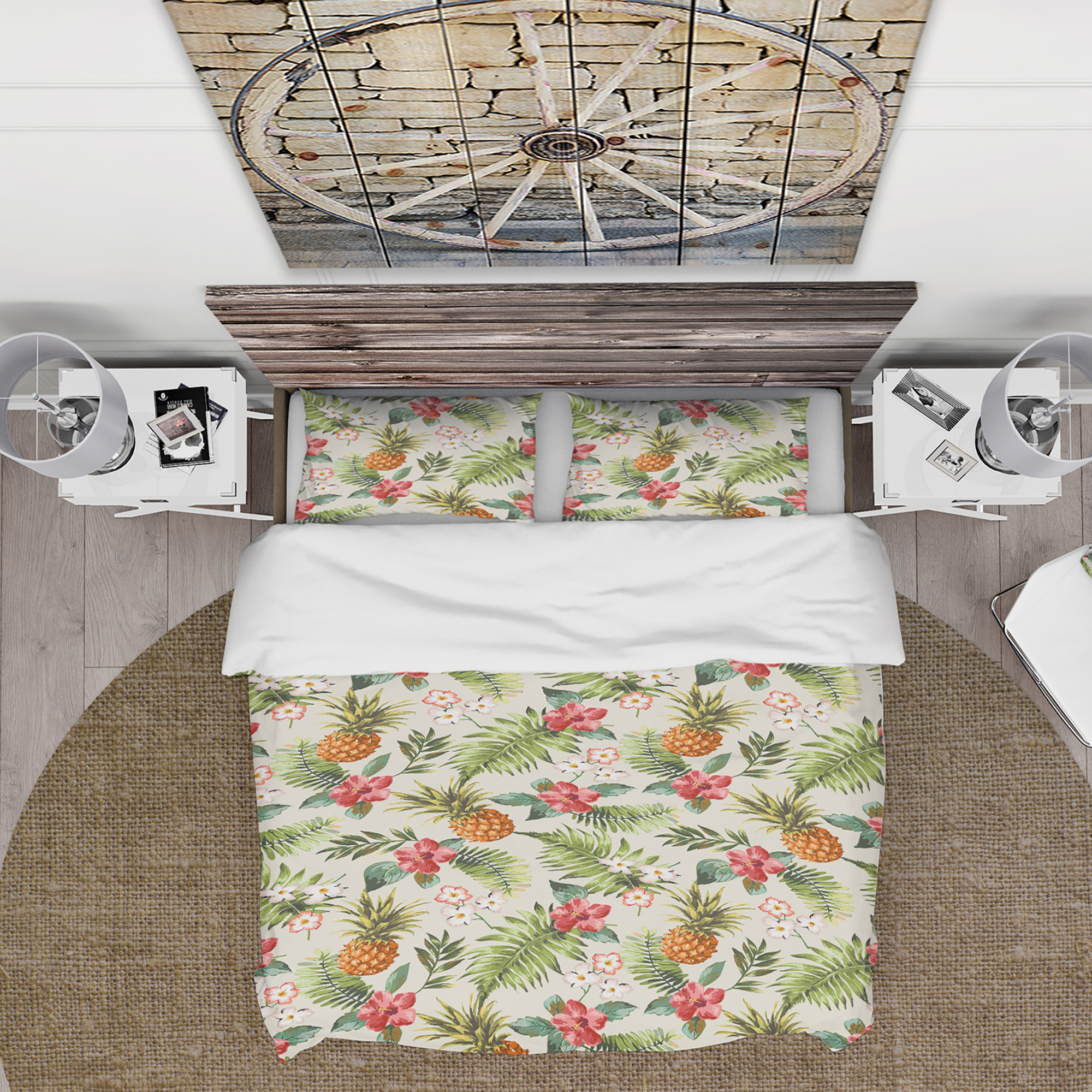 Designart 'Vintage Pineapple with Tropical Flowers' Floral Duvet Cover Set
